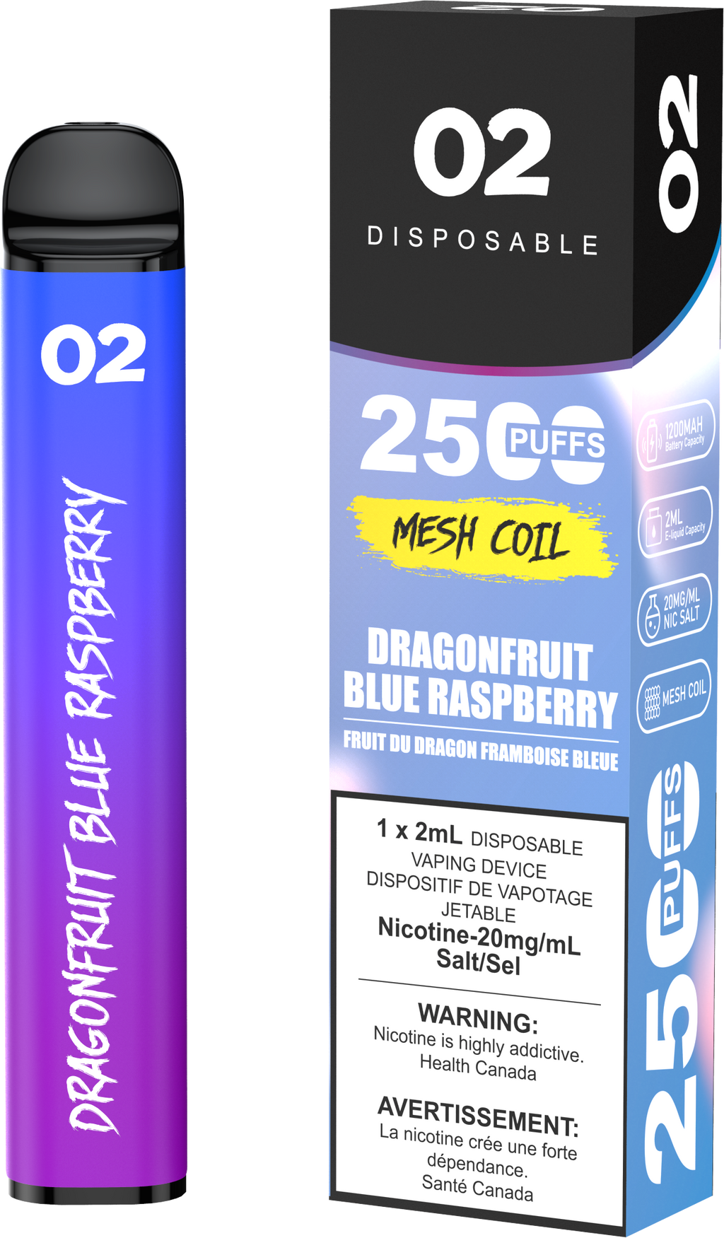 O2 2500 Dragonfruit blue raspberry 20mg/ml Disposable (Provincial)