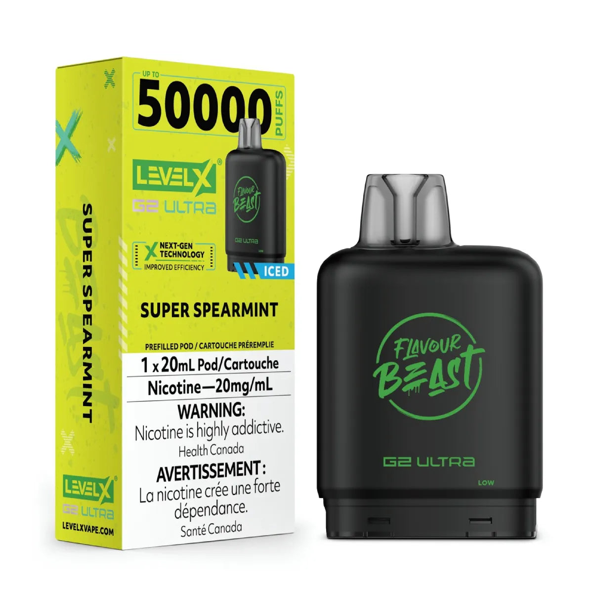 Flavour Beast Level X Ultra G2 pod 50k Super Spearmint iced 20mg/mL (Provincial)