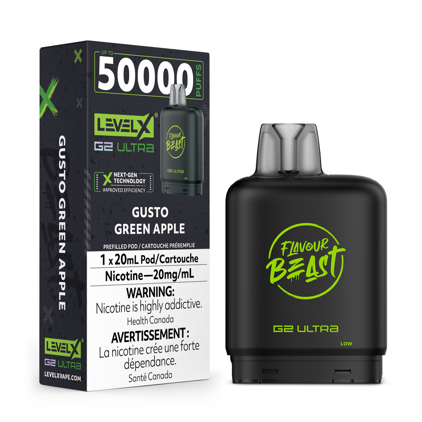 Flavour Beast Level X G2 Ultra Pod 50k Gusto Green Apple 20mL 20mg/ml (Provincial)