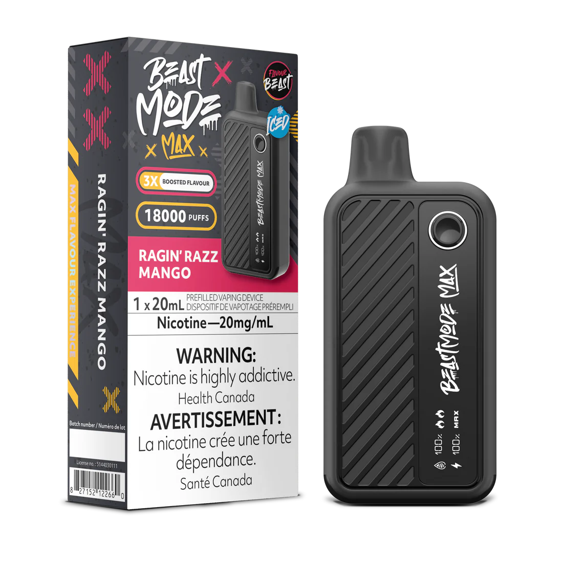 Flavour Beast Mode Max 18K Ragin’ Razz Mango Iced 20mg/mL disposable (Provincial)