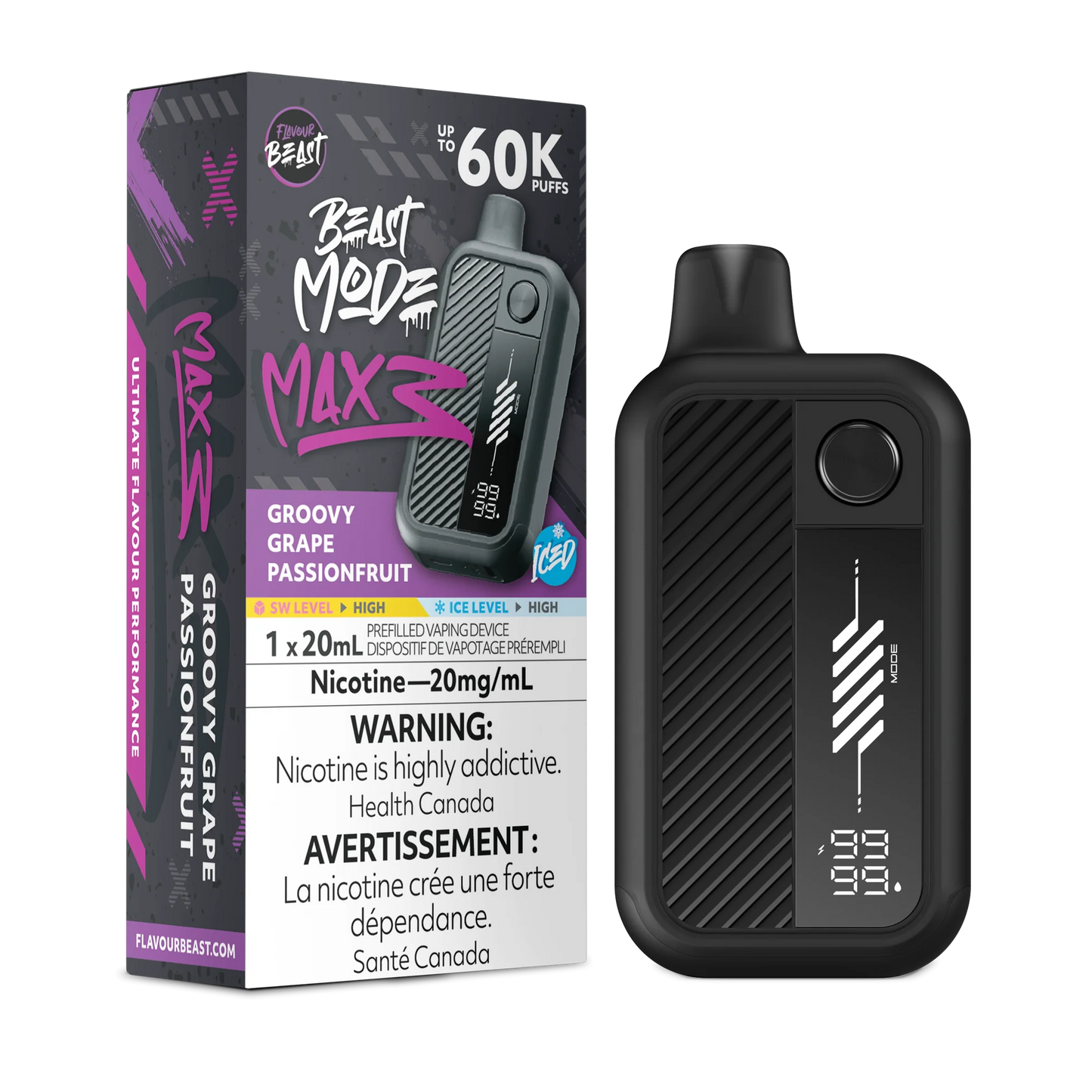 Flavour Beast Mode Max 3 60k Groovy Grape Passionfruit Iced 20 mg/mL disposable (Provincial)